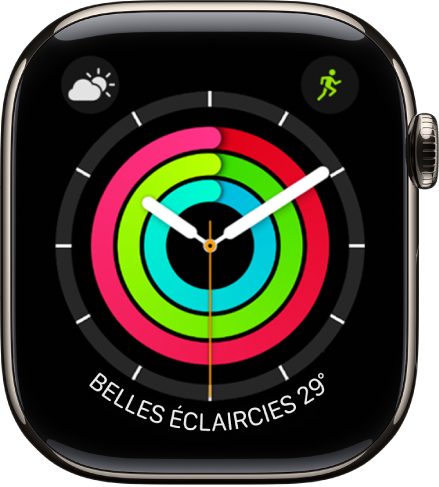 Cadran Activité analogique montrant l’heure ainsi que la progression vers les objectifs « Me lever », « Bouger » et « M’entraîner ». Il y a aussi trois complications : Météo en haut à gauche, Exercice en haut à droite et Conditions météo en bas.
