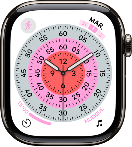 Le cadran Exactographe. Il affiche quatre complications : Exercice en haut à gauche, la date en haut à droite, Minuteurs en bas à gauche et Musique en bas à droite.