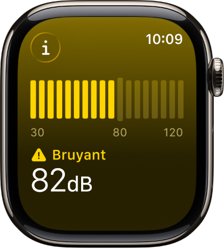 L’app Bruit affichant un sonomètre et un niveau sonore de 89 décibels avec au-dessus le mot « Bruyant ».