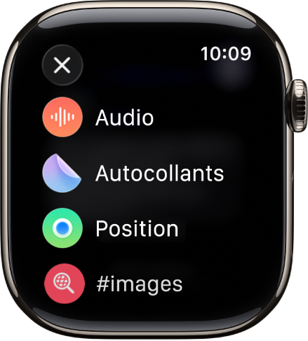 Écran Messages affichant des options de pièce jointe, telles qu’audio, autocollants, lieu et images.