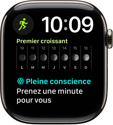 Le cadran Modulaire duo avec une horloge numérique vers le coin supérieur droit et trois complications : Exercice en haut à gauche, Phase de lune au milieu et Pleine conscience en bas.