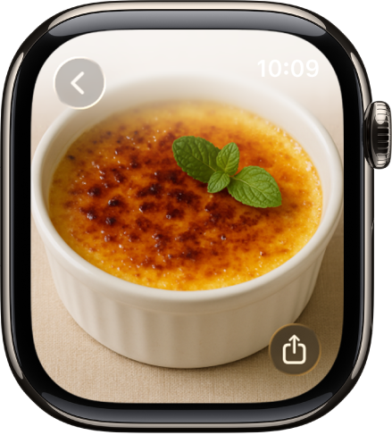 Si une photo est affichée, faites tourner la Digital Crown pour l’agrandir ou la réduire, faites glisser pour vous déplacer sur la photo ou touchez-la deux fois pour l’afficher en plein écran. Balayez vers la gauche ou la droite pour afficher la photo suivante. Un bouton Partager se trouve en bas à droite.