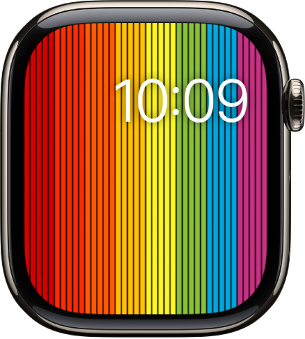 Cadran Pride numérique doté des bandes verticales aux couleurs de l’arc-en-ciel avec l’heure et la date en haut à droite.