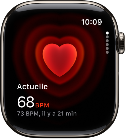 Écran Fréquence cardiaque, avec votre fréquence cardiaque actuelle affichée en bas à gauche et votre dernier relevé juste dessous en plus petit.
