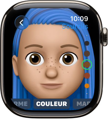 L’app Memoji sur l’Apple Watch affichant l’écran de modification du nez. Il y a un gros plan sur le visage, centré sur le nez. Le mot Couleur s’affiche en bas.