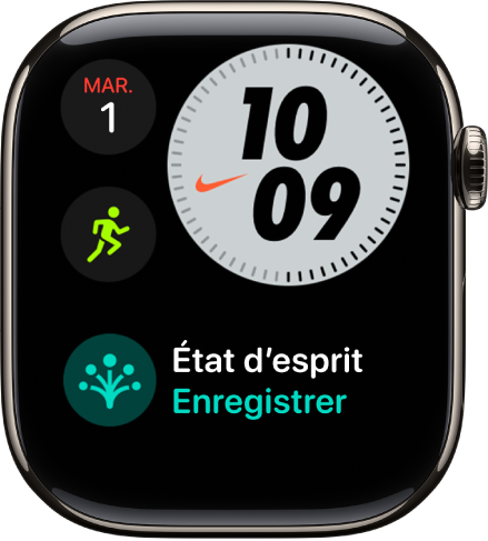 Le cadran Nike Compact, avec le jour et la date en haut à gauche, l’heure en haut à droite, la complication Exercice au milieu à gauche et la complication Minuteurs.