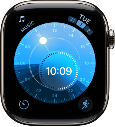 सूर्य की स्थिति दर्शाने वाले गोल डायल के साथ, सोलर डायल घड़ी का फ़ेस। अंदर का डायल ऐनालॉग समय दर्शाता है। यहाँ चार कॉम्प्लिकेशन दिखाए गए हैं : शीर्ष बाईं ओर चंद्रमा, शीर्ष दाईं ओर कैलेंडर, सबसे नीचे बाईं ओर वर्कआउट और सबसे नीचे दाईं ओर संगीत की पहचान।