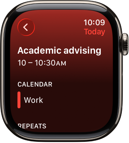 नया इवेंट दिखाती हुई कैलेंडर स्क्रीन। इवेंट का नाम शीर्ष पर है और इवेंट का समय नीचे है। कैलेंडर शीर्षक के नीचे, ईवेंट की तिथि और उस कैलेंडर का नाम है, जिससे ईवेंट संबंधित है।