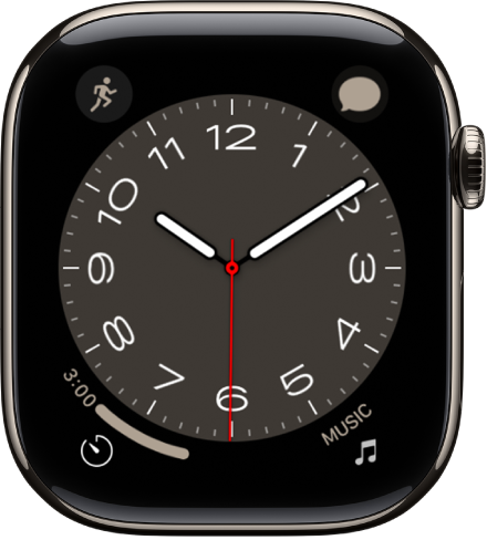 मेट्रोपोलिटन घड़ी का फ़ेस, जहाँ आप टाइप का रूप बदलने के लिए Digital Crown घुमा सकते हैं। यह चार कॉम्प्लिकेशन दिखाता है। शीर्ष बाईं ओर वर्कआउट, शीर्ष दाईं ओर संगीत, सबसे नीचे बाईं ओर टाइमर और सबसे नीचे दाईं ओर तिथि।