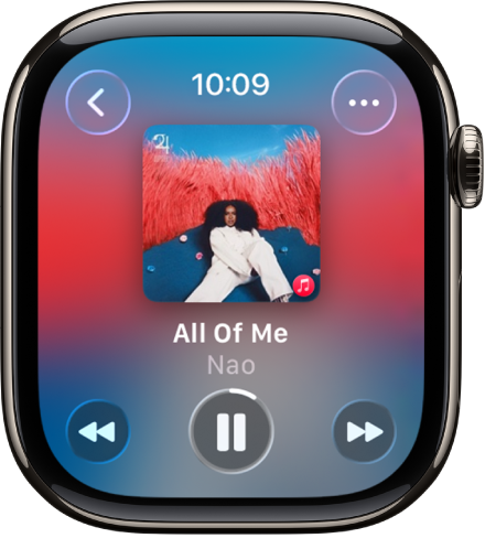 “अभी चल रहा है” स्क्रीन, जिसमें ऐल्बम आर्ट दिखाई गई है, जिसके नीचे गाने का शीर्षक और कलाकार का नाम है। मीडिया कंट्रोल नीचे है। शीर्ष पर दाईं ओर अधिक विकल्प बटन है। वापस जाएँ बटन शीर्ष पर बाईं ओर है।