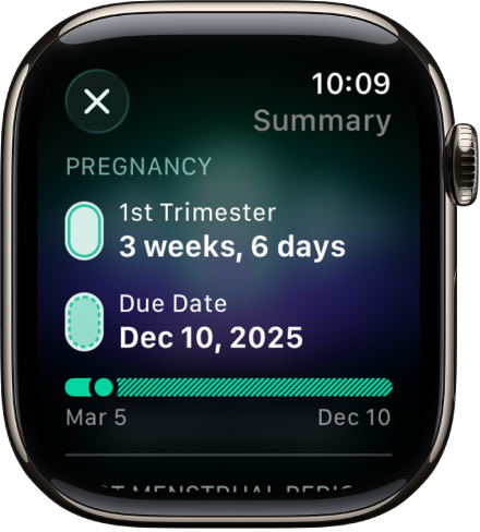 A Cikluskövetés app képernyője, amelyen egy terhesség összefoglalása látható, középen a magzati életkorral és a szülés várható dátumával.