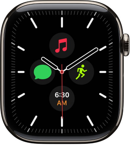 Wajah jam Meridian, memungkinkan Anda untuk menyesuaikan warna wajah dan detail angka. Wajah jam ini menampilkan empat komplikasi di dalam wajah jam analog: Tanggal di bagian atas, Terjemahkan di kanan, Pesan di bagian bawah, dan Olahraga di kiri.