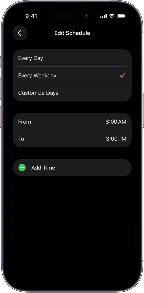 iPhone menampilkan layar Edit Jadwal untuk Schooltime. Pilihan Setiap Hari, Setiap Hari Kerja, dan Sesuaikan Hari muncul di bagian atas, dengan Setiap Hari Kerja yang dipilih. Jam Dari dan Hingga terdapat di tengah layar dan tombol Tambah Waktu berada di bawah.