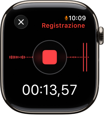 L’app Memo Vocali mentre è in corso la registrazione. Al centro, è presente il pulsante rosso per interrompere il memo vocale. Sotto, è visibile la durata della registrazione. In alto a destra è visibile la parola Registrazione.