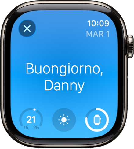 Apple Watch che mostra la schermata di risveglio. Viene mostrato il messaggio Buongiorno in alto. Sotto, sono visibili la temperatura, le condizioni meteo e il livello della batteria.