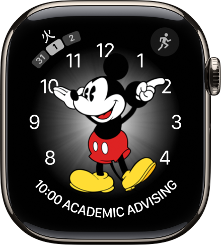 「ミッキーマウス」の文字盤。多くのコンプリケーションを追加できます。3つのコンプリケーションが表示されています。左上にメッセージ、右上にワークアウト、一番下に日付があります。
