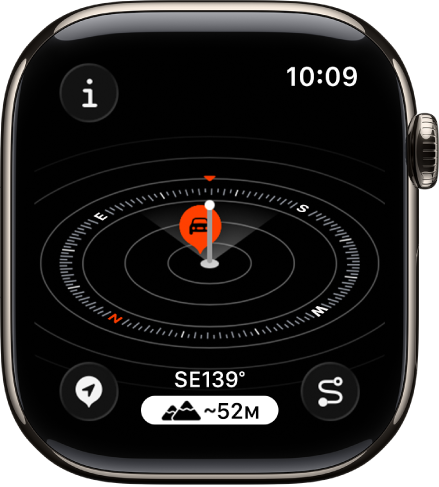 Programoje „Compass“ rodomas rodinys „Elevation“. Kelio taškas yra plytelių ratuke. Baltas stulpelis rodo dabartinį aukštį, kuris yra aukštesnis už kitus ratuko kelio taškus. Mygtukas „Info“ yra viršuje kairėje, mygtukas „Waypoints“ yra apačioje kairėje, mygtukas „Elevation“ yra viduryje apačioje, o mygtukas „Backtrack“ yra apačioje dešinėje.