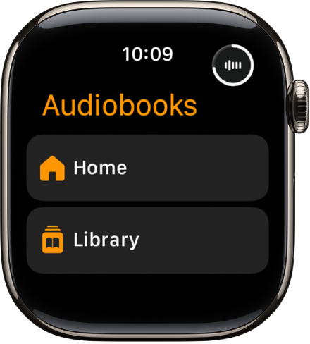Programoje „Audiobooks“ rodomi mygtukai „Home“ ir „Library“.
