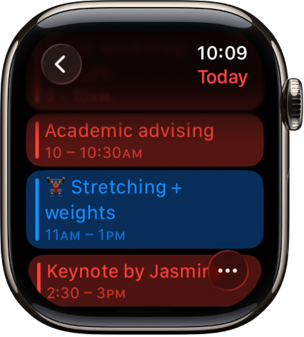 Ekrane „Calendar“ rodomas dienos įvykių sąrašas. Įvykiai žymimi spalvomis pagal kalendorių, kuriam jie priklauso.
