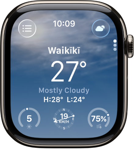 Lietotnē Weather redzams dienas laikapstākļu pārskats. Atrašanās vietas nosaukums redzams virs pašreizējās temperatūras. Apakšā ir trīs pogas, UV Index, Wind Speed un Precipitation. Poga Location List atrodas augšējā kreisajā stūrī, bet poga Conditions — augšējā labajā stūrī.