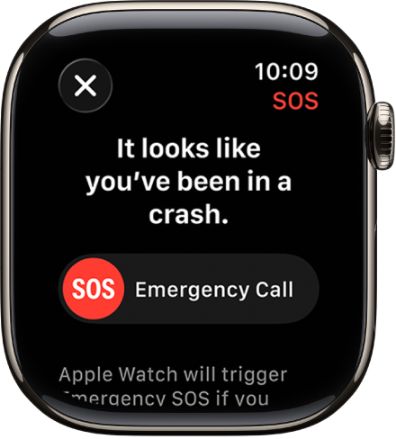 Ekrānā Crash Detection redzams SOS slīdnis zvana ārkārtas palīdzības dienestiem uzsākšanai.