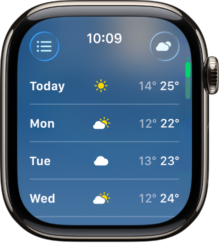 10 dienu laikapstākļu prognozes ekrāns, kurā ir informācija par 4 dienu maksimālo un minimālo temperatūru.