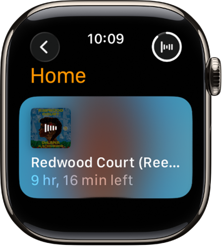 Skrin Buku Audio menunjukkan buku yang sedang dimainkan, dengan tajuk dan baki masa. Butang Kini Dimainkan berada di bahagian kanan atas.
