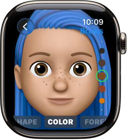 De Memoji-app op de Apple Watch met het scherm waar je de neus kunt wijzigen. Je ziet een close-up van het gezicht, met de neus in het midden. Onderaan staat het woord 'Kleur'.