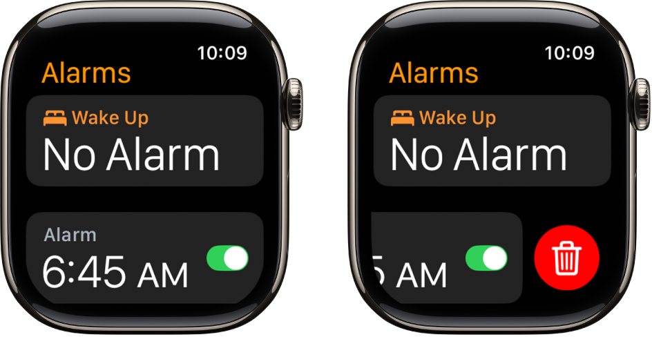 Twee Apple Watch-schermen waarin te zien is hoe je een wekker verwijdert.