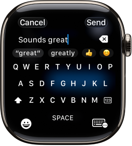 Het tekstveldscherm met een bericht dat wordt geschreven met het schermtoetsenbord. Onderaan staan de knoppen voor emoji's en het schermtoetsenbord.