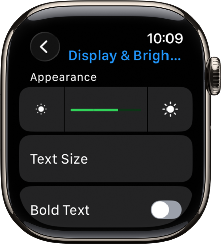 Het instellingenscherm 'Scherm en helderheid' op de Apple Watch, met bovenin de schuifknop 'Helderheid' en daaronder de knop 'Tekstgrootte'.