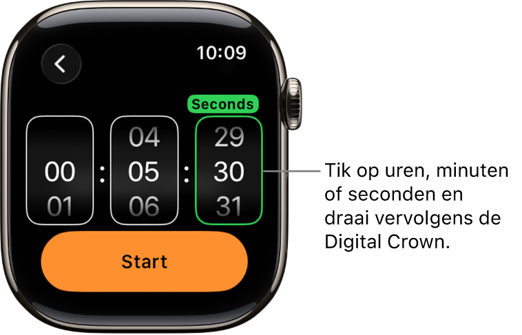 Instellingen voor een aangepaste timer, met links de uren, in het midden de minuten en rechts de seconden. Daaronder staat de startknop.