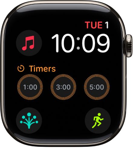De wijzerplaat Modulair, met rechtsbovenin de datum en tijd en zes complicaties: linksboven Aarde, in het midden Timers en onderin Work-out, Kompas en Gemoedstoestand.