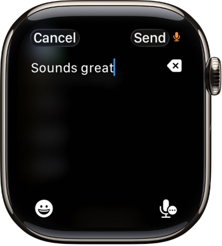 Het tekstveldscherm met een bericht dat wordt gedicteerd. Onderaan staan de knoppen voor emoji's en de dicteerfunctie.