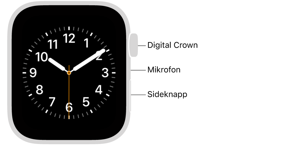 Forsiden av Apple Watch SE 3, der skjermen viser urskiven, og Digital Crown, mikrofonen og sideknappen fra øverst til nederst på siden av klokken.
