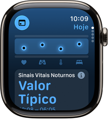 Tela no app Sinais Vitais mostrando métricas de saúde noturnas.