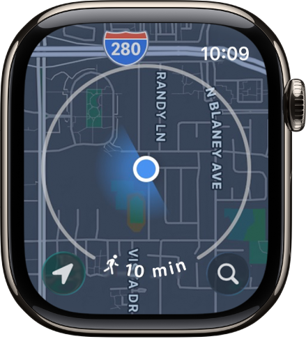 App Mapas com um círculo ao redor da localização atual, representando um raio de sete minutos de caminhada. O botão Localização está na parte inferior esquerda e o botão Buscar está na parte inferior direita.