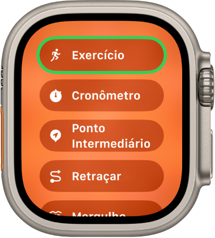 A tela Troca Rápida mostrando as ações que podem ser atribuídas ao botão de Ação, como Exercício, Cronômetro, Ponto intermediário e Retraçar.