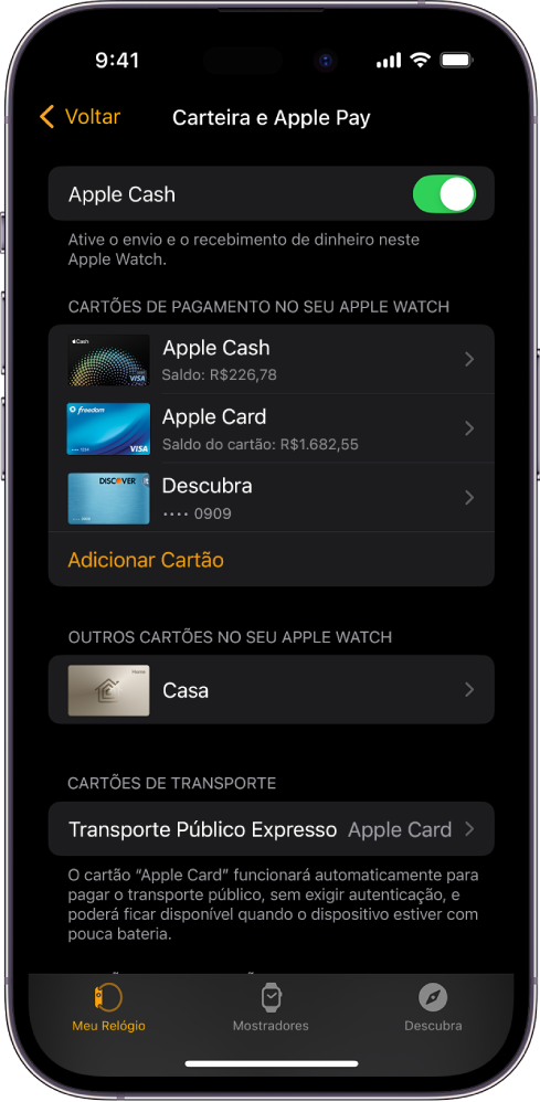 Tela do iPhone mostrando os ajustes de Carteira e Apple Pay no app Apple Watch.