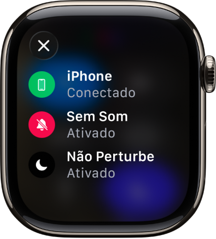 Detalhes do estado, mostrando o iPhone conectado, a Localização sendo usada pelo app Mensagens, o Modo Silencioso ativado e o Não Perturbe ativado.