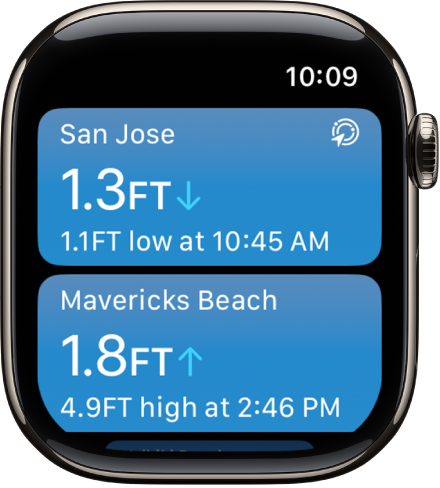Um ecrã na aplicação Marés a mostrar uma lista de localizações com informação das marés.