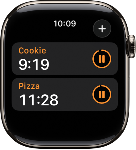 Două temporizatoare în aplicația Temporizatoare. Fiecare temporizator afișează timpul rămas sub numele temporizatorului și un buton de suspendare în dreapta. Butonul Adăugați este în colțul din dreapta sus.