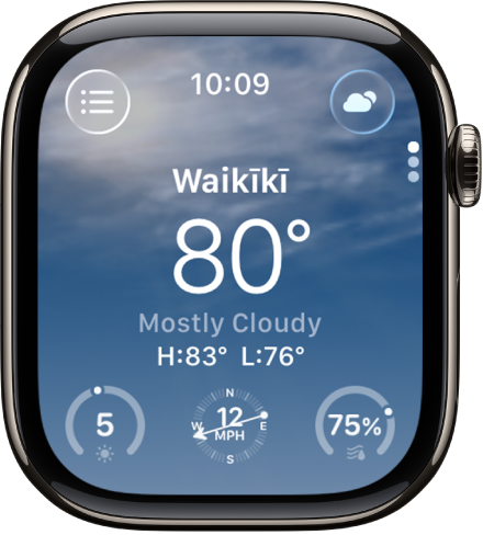 В приложении «Погода» показан обзор погоды на день. Отображается название геопозиции, а над ней — текущая температура. В нижней части экрана расположены кнопки «УФ-индекс», «Скорость ветра» и «Осадки». В левом верхнем углу находится кнопка «Список геопозиций», а в правом верхнем углу — кнопка «Условия».