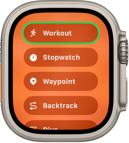 Zaslon za hiter preklop prikazuje dejanja, ki jih je mogoče dodeliti Akcijskemu gumbu, na primer Vadba, Štoparica, Točka poti in Vračanje po isti poti.