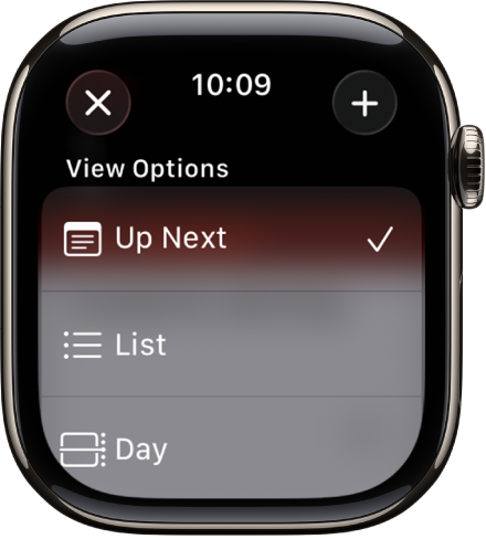 Skärmen Kalender visar vyalternativ: Nästa, Lista och Dag. Lägg till-knappen finns uppe till höger.