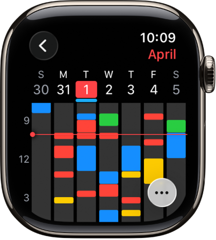 Appen Kalender visar aktiviteter under veckan. Varje aktivitet är färgkodad så att det syns vilken kalender den tillhör. Månadens namn finns överst till höger och dagarna och datumen är utspridda längs överkanten. Heldagsaktiviteter markeras med ett fält nedanför datumet för varje dag. En rad över veckan visar aktuell tid. Merknappen finns längst ned till höger.