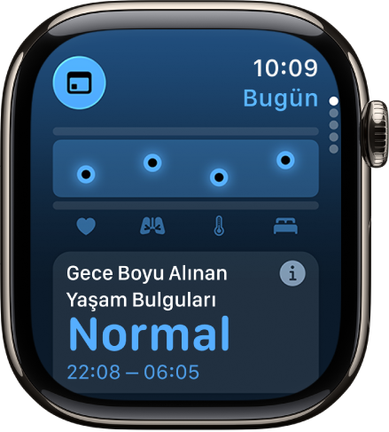 Yaşam Bulguları uygulamasındaki bir ekran, gece boyu alınan sağlık ölçümlerini gösteriyor.