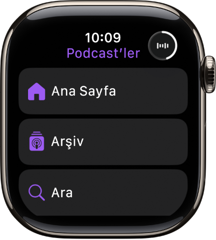Podcast’ler uygulaması Ana Sayfa, Arşiv ve Ara düğmelerini gösteriyor.