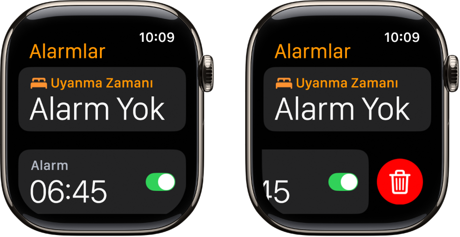 Alarm silme işlemini gösteren iki saat kadranı.