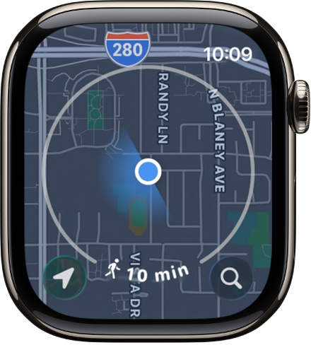 У програмі «Карти» навколо поточної геопозиції відображається коло, що позначає радіус ходьби пішки впродовж семи хвилин. У нижньому лівому куті знаходиться кнопка «Місце», у нижньому правому куті — кнопка «Пошук».